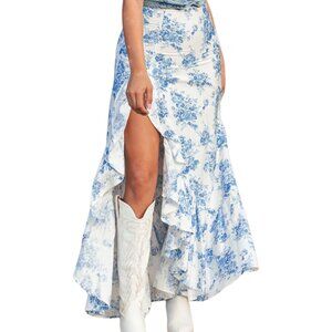 Blue & White Floral Slit Maxi Skirt Boho Boutique NWT